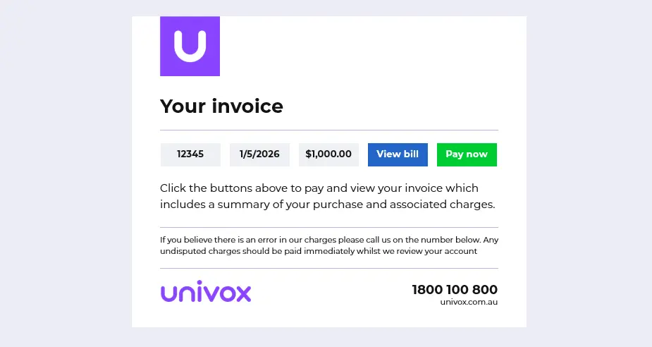 UNIVOX monthly invoice email example
